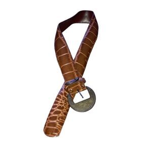 Brown Croc-Embossed Leather Belt with Brass Buckle - Women Giveaway